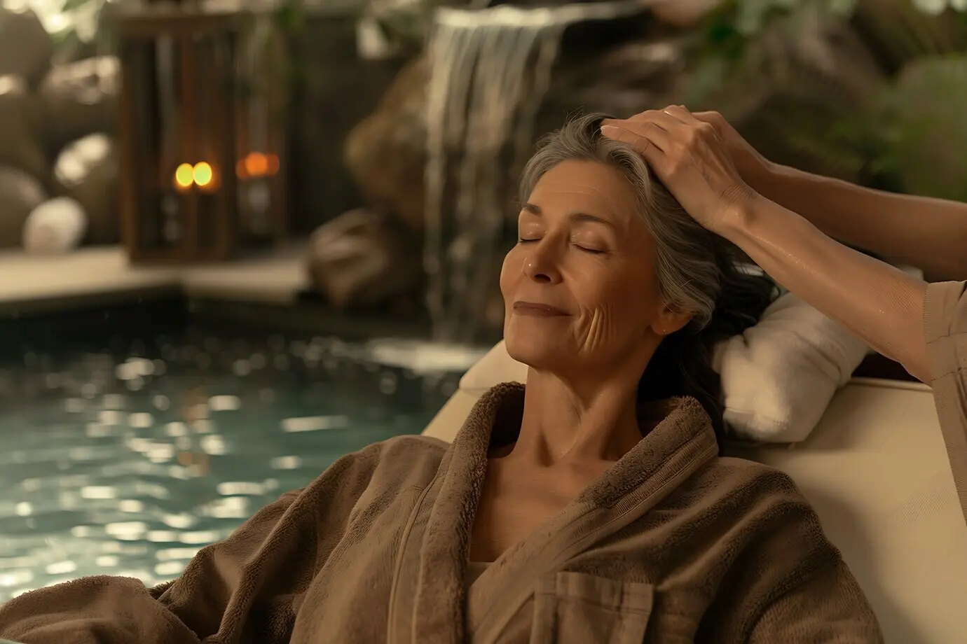 Eine Person genießt eine Kopfmassage in einem Spa.